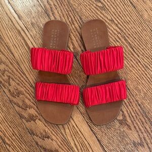 Barneys New York Red Ruched Satin Strap Flat Sandals